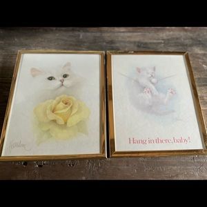 2 Framed Bob Harrison Cat Prints - Vintage 80s - Cottage Core
